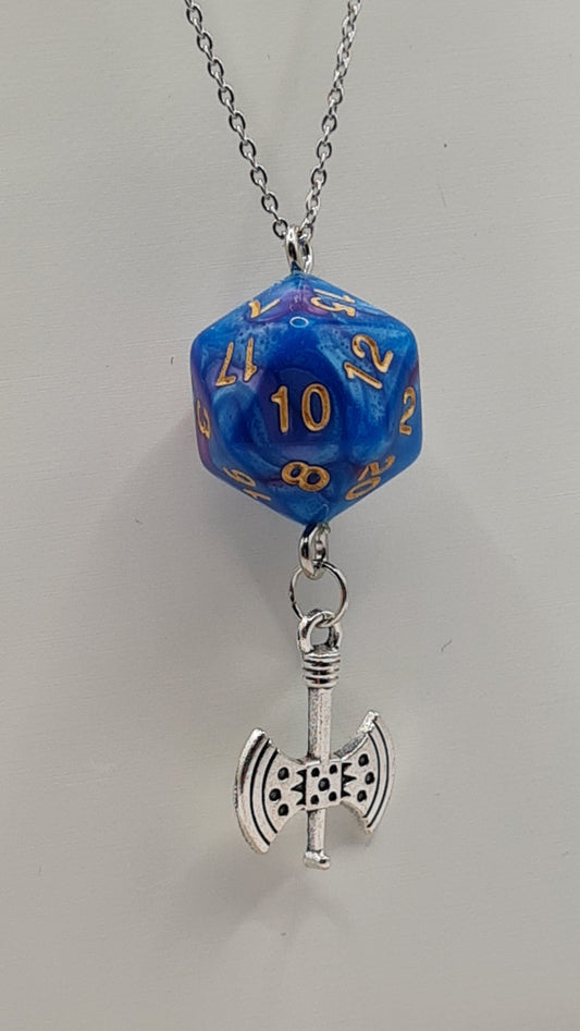 Necklace D20 blue/purple axe