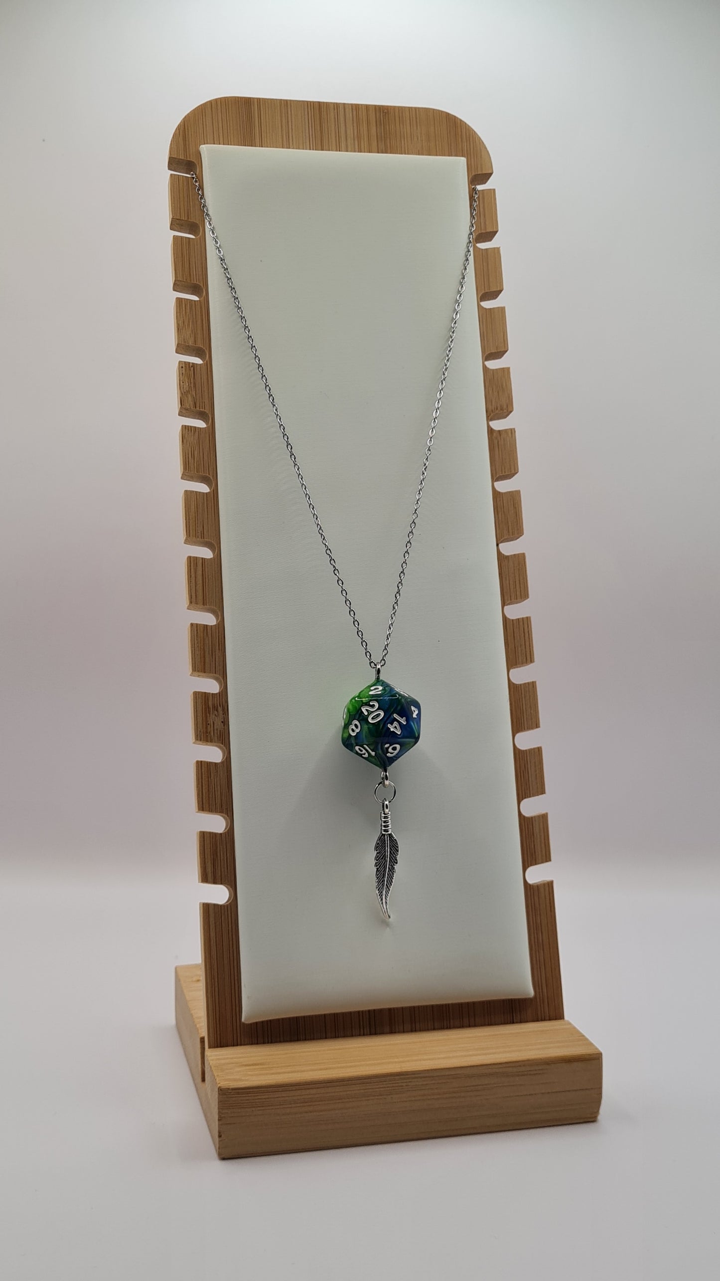 Necklace D20 blue/green feather