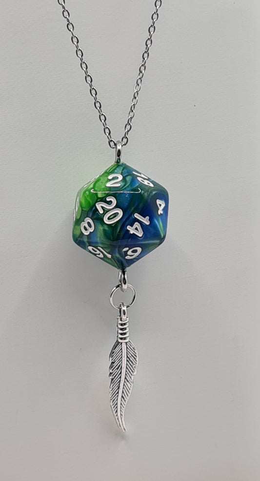 Necklace D20 blue/green feather