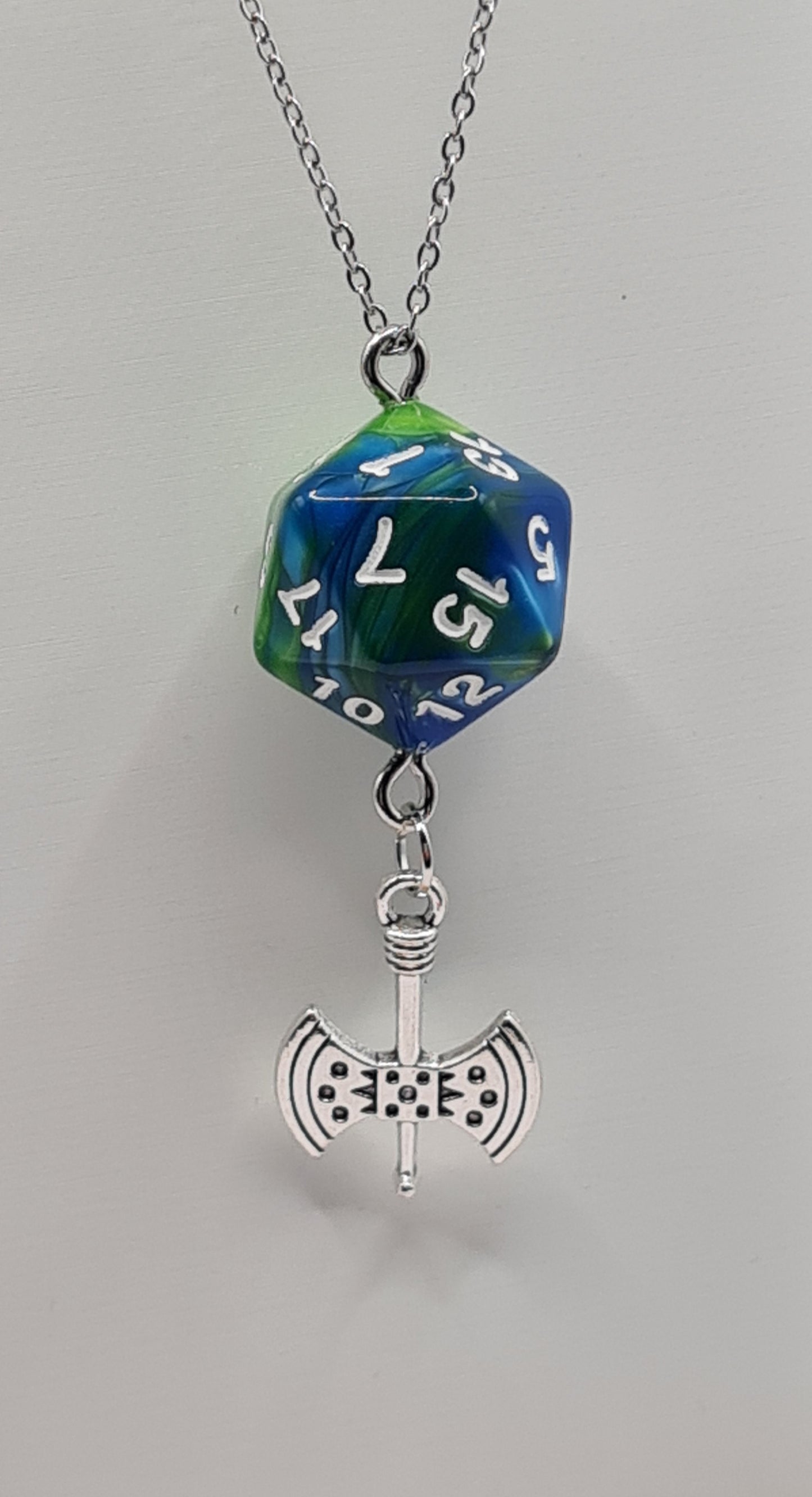 Necklace D20 blue/green axe