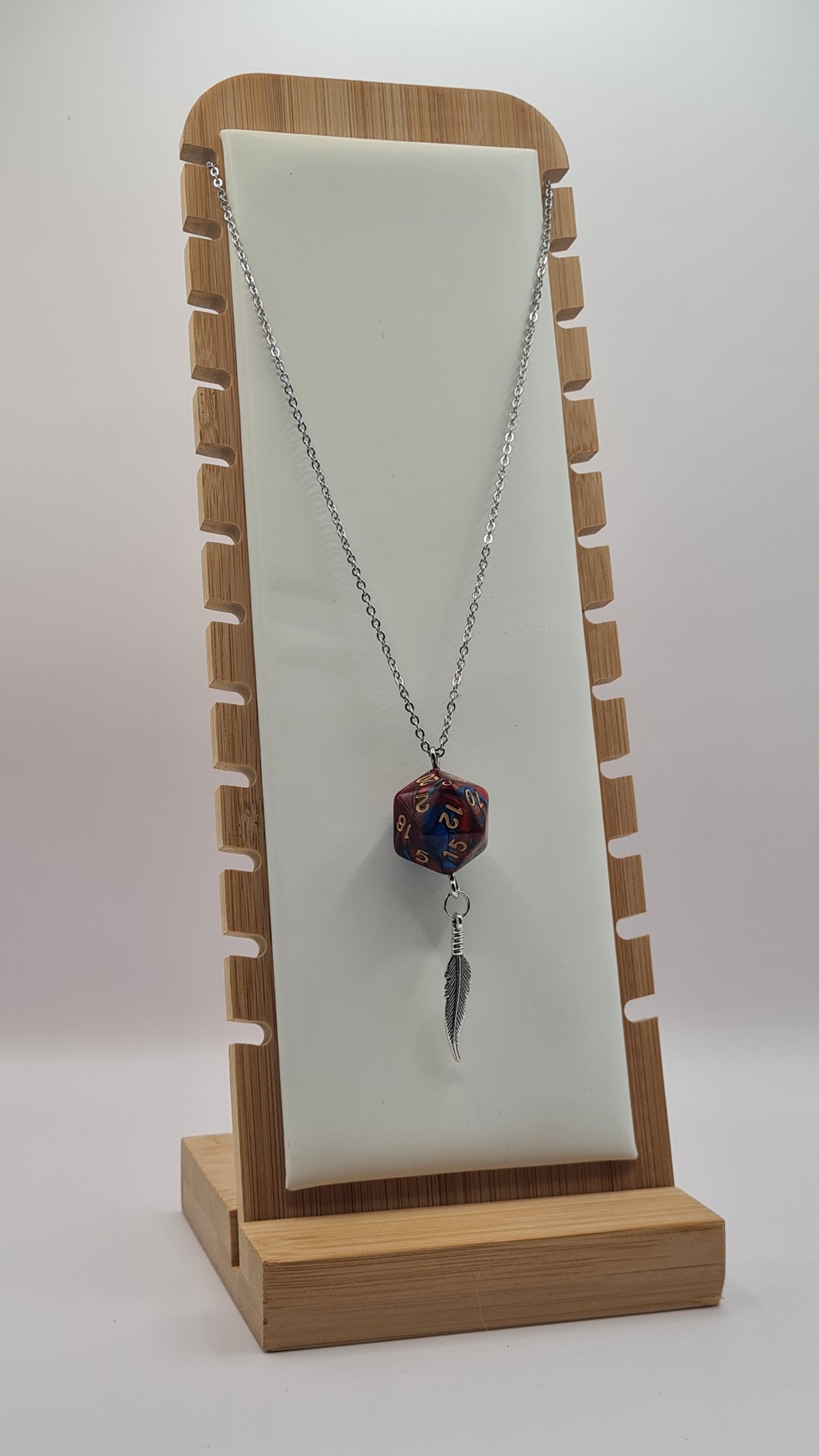 Necklace D20 blue/red feather