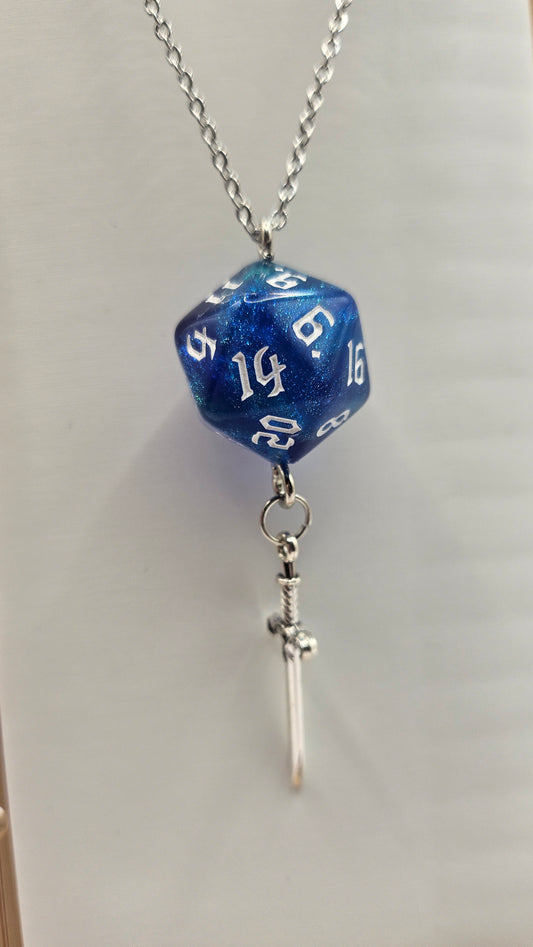 Necklace D20 Glitter blue/green Sword