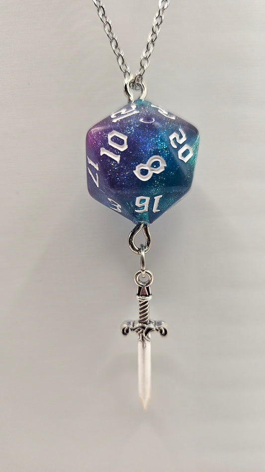 Necklace D20 Glitter blue/purple Sword